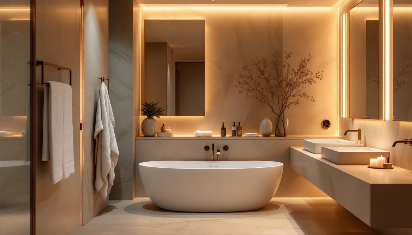 A photograph of a beautifully designed spa bathroom showcasing soft
