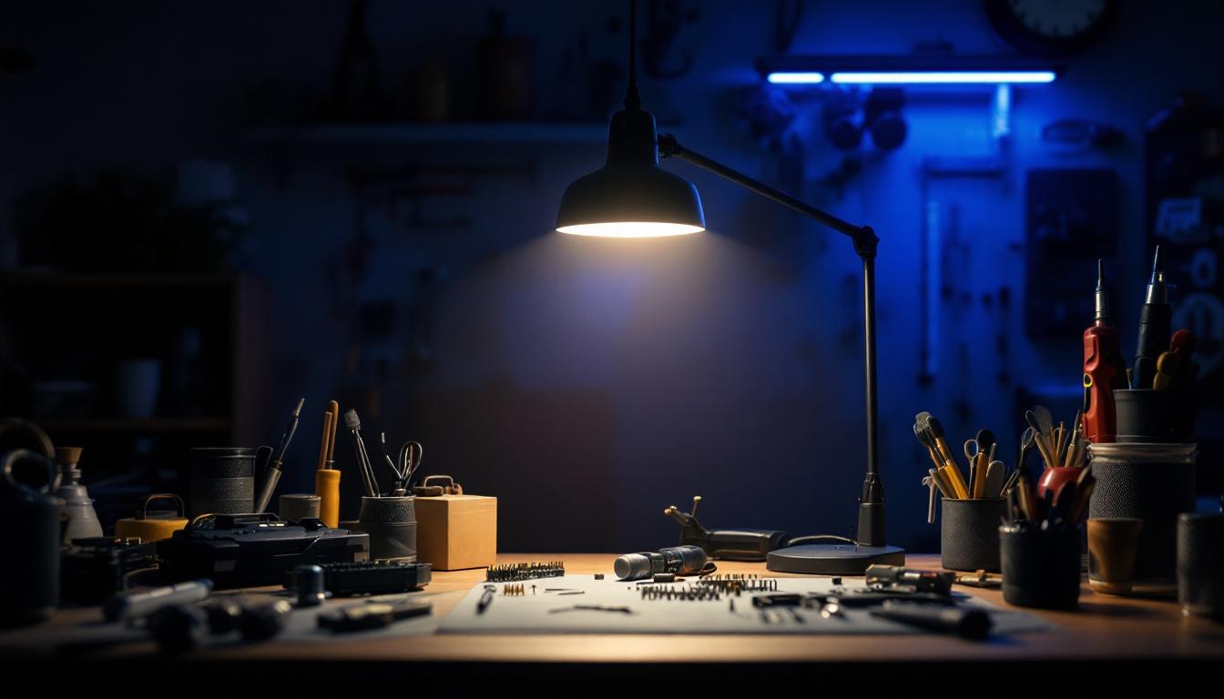 A photograph of a strip lamp illuminating a workspace