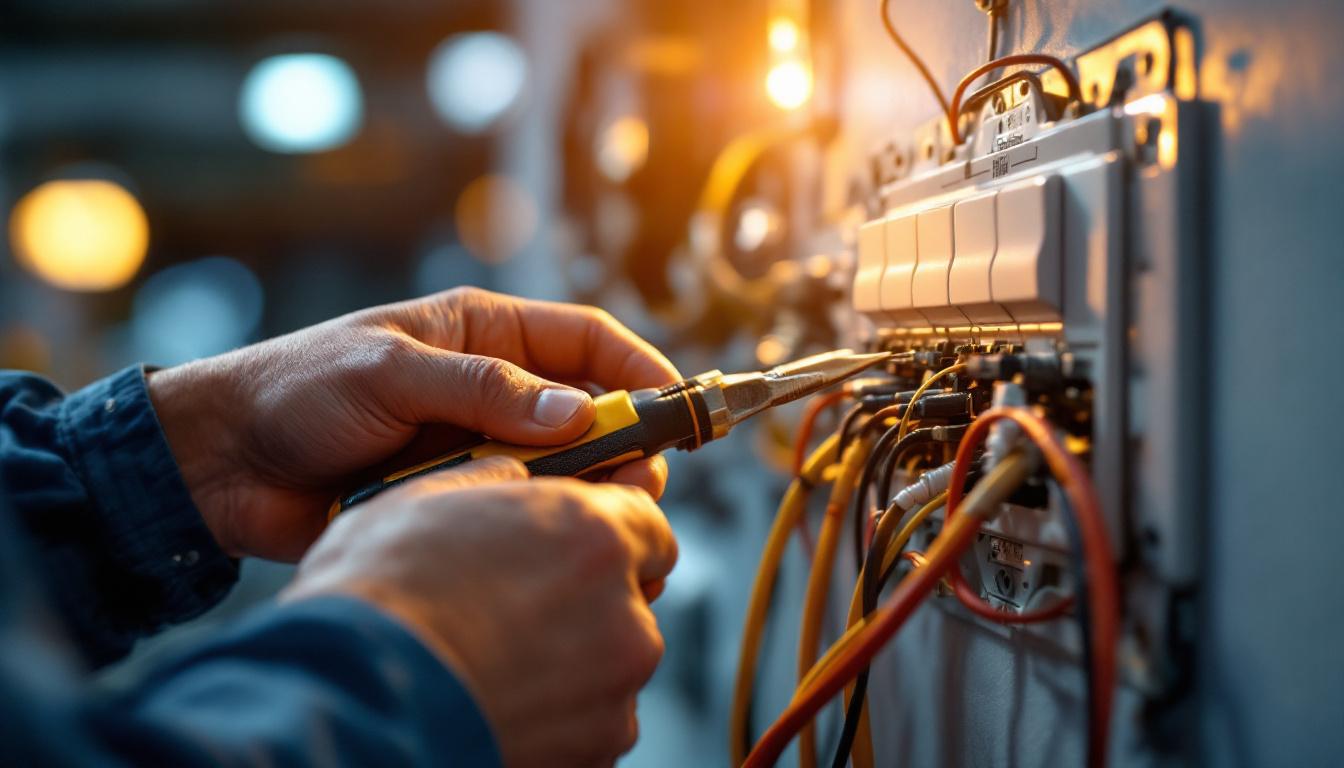 A photograph of a close-up of an electrical engineer's hands working on a light switch installation