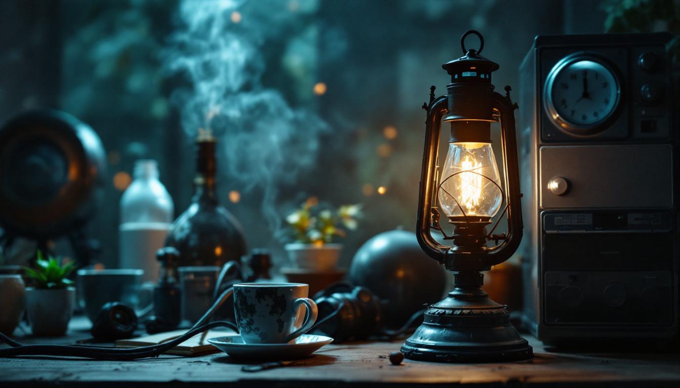 A photograph of a vintage gas lamp juxtaposed with modern electrical appliances