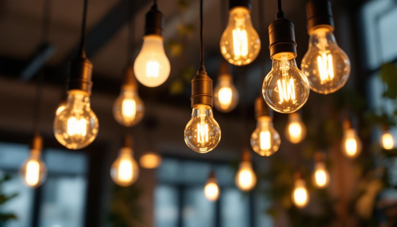 A photograph of a well-lit interior space featuring a variety of t light bulbs in use