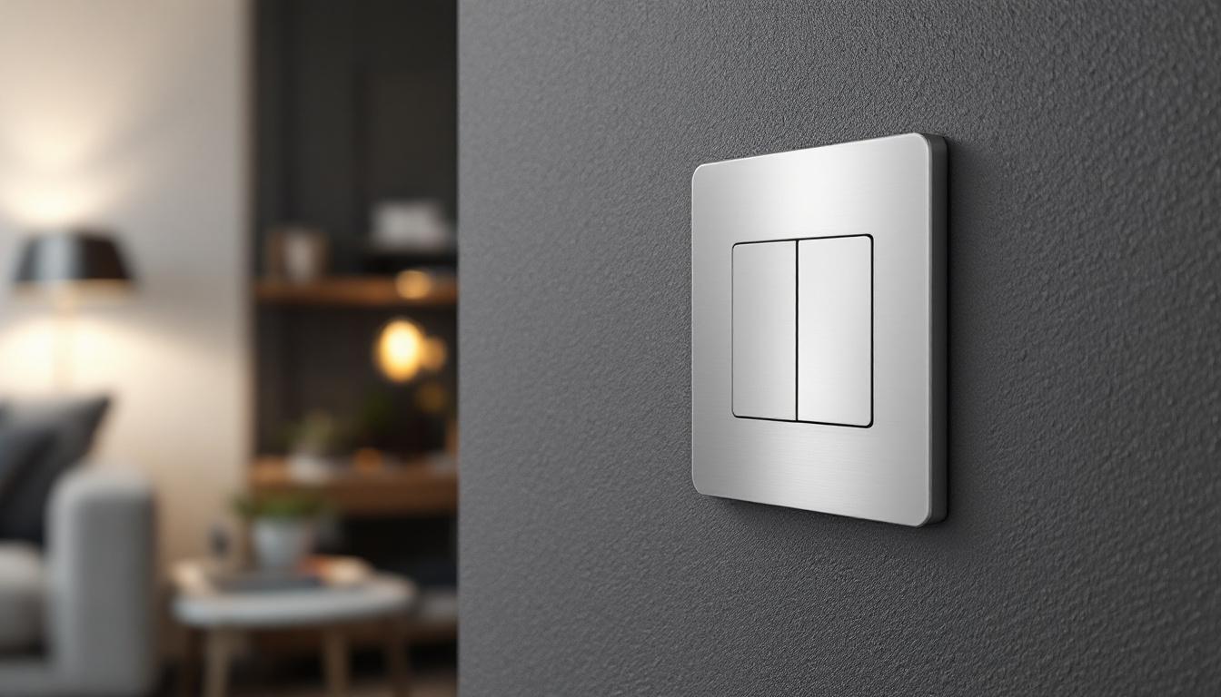 A photograph of a sleek stainless steel light switch in a modern interior setting