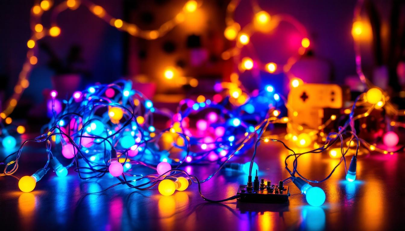 A photograph of a beautifully arranged display of led string lights in a creative setting