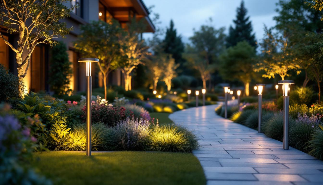 A photograph of a beautifully designed outdoor space featuring various styles of bollard lights illuminating pathways and gardens