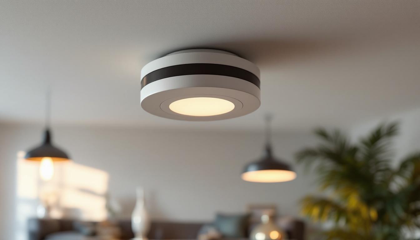 A photograph of a modern ceiling sensor installed in a stylishly lit room