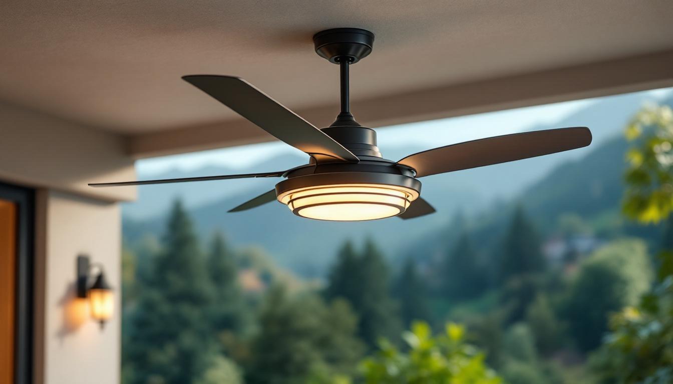A photograph of a stylish outdoor ceiling fan featuring metal blades and integrated lighting
