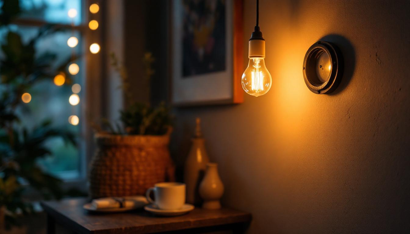 A photograph of a stylishly designed light bulb illuminating a cozy