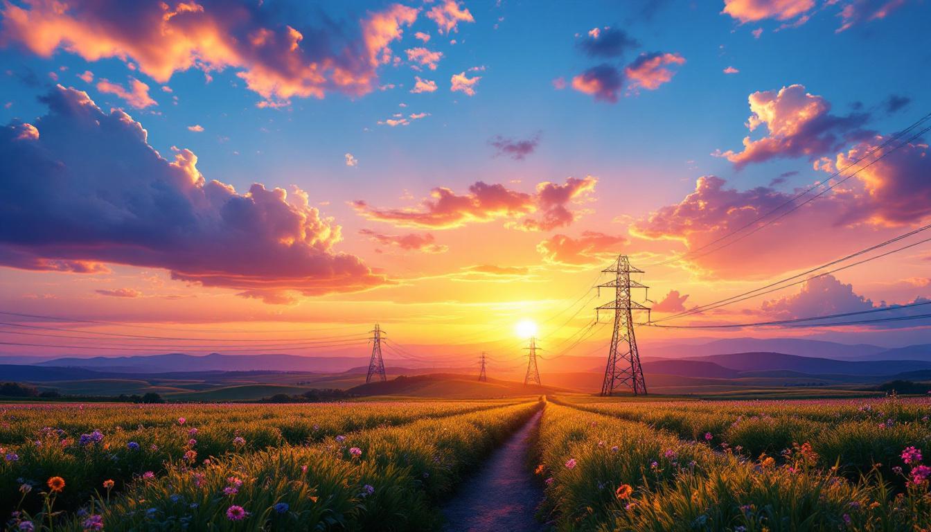A photograph of a vibrant landscape featuring a blend of natural scenery and electrical infrastructure