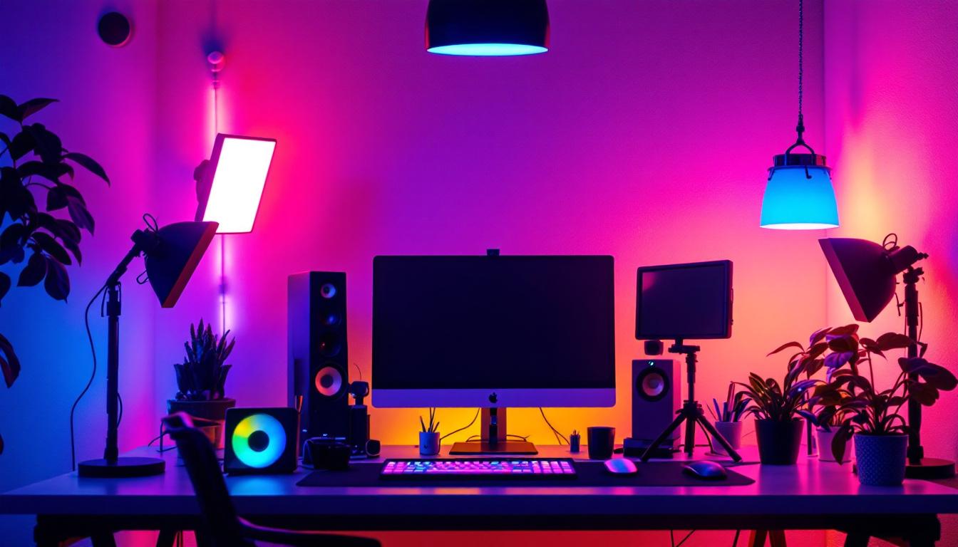 A photograph of a dynamic lighting setup in a modern workspace