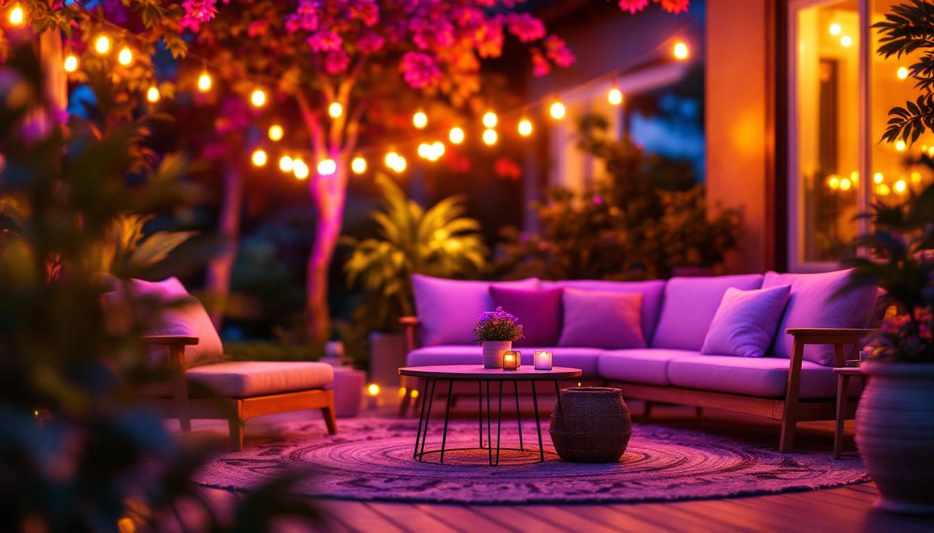 A photograph of a beautifully arranged outdoor setting featuring vibrant led color-changing string lights illuminating a cozy gathering space