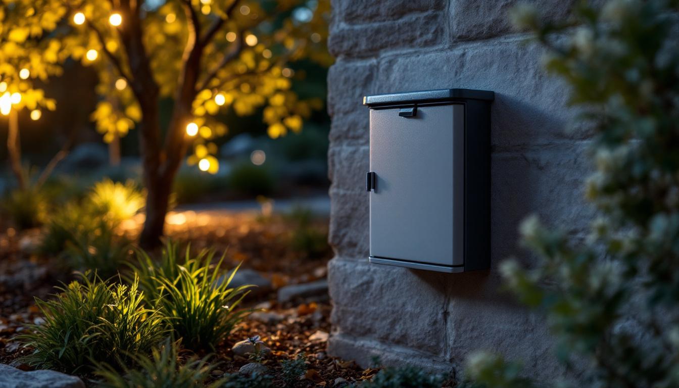 A photograph of a well-installed landscape electrical box integrated into a beautifully lit outdoor setting