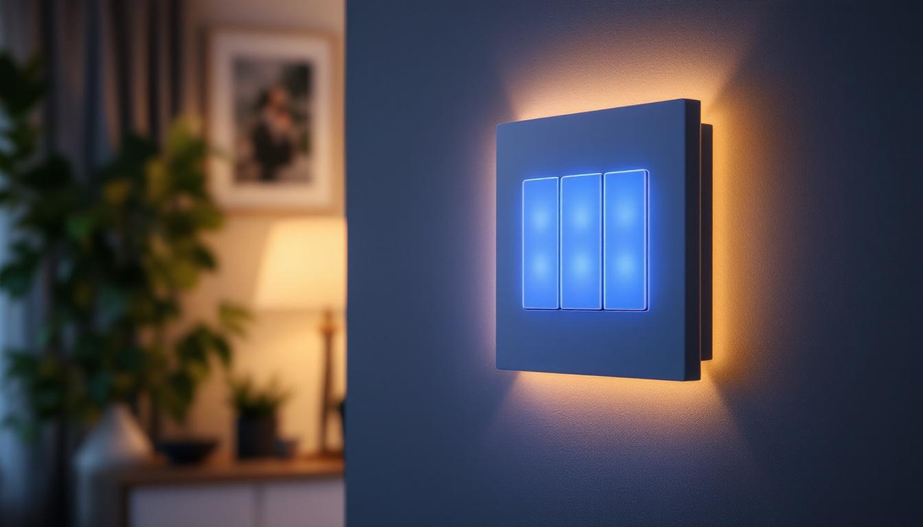 A photograph of a modern multi-light switch panel in a stylish home setting