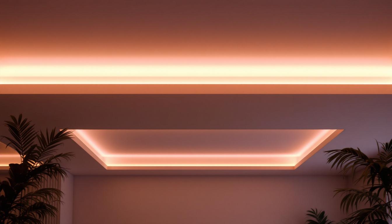 A photograph of a beautifully designed room featuring strip lighting installed along the ceiling