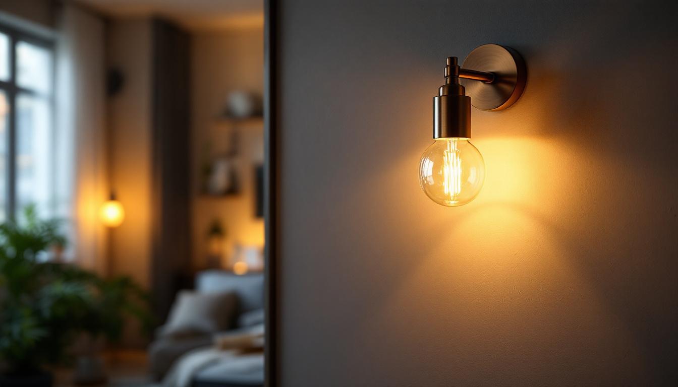 A photograph of a stylish and modern wall sconce in a well-decorated interior setting