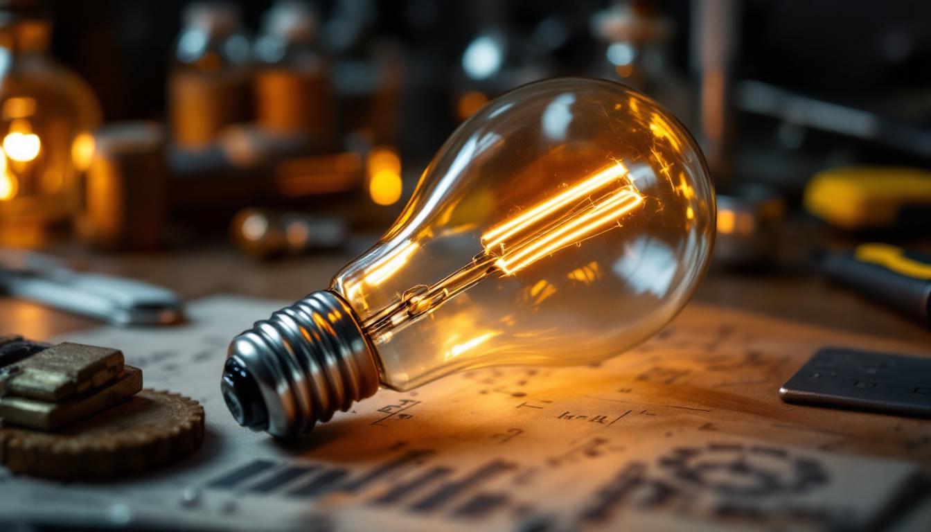 A photograph of an antique lightbulb alongside modern electrical engineering tools