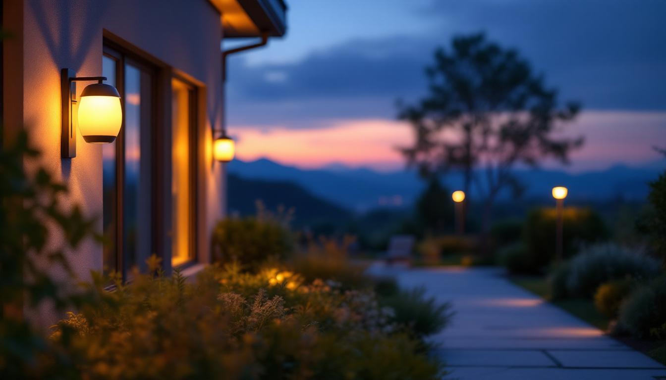 A photograph of a beautifully illuminated outdoor space featuring various stylish lighting fixtures in use