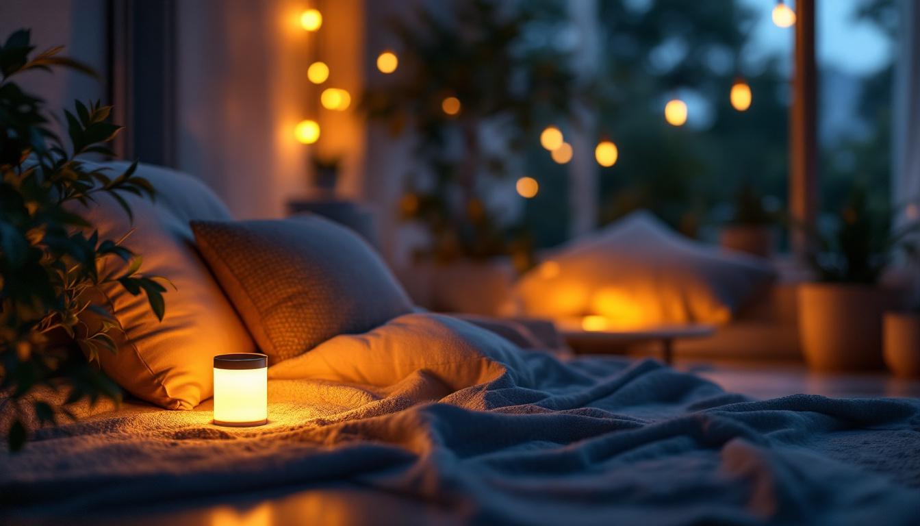 A photograph of a cozy indoor setting illuminated by warm led solar lights