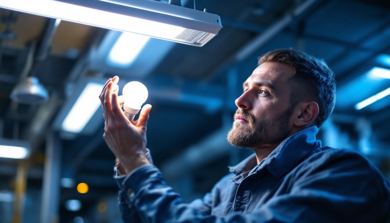 A photograph of a lighting engineer carefully replacing a fluorescent bulb with an led bulb in a commercial fixture