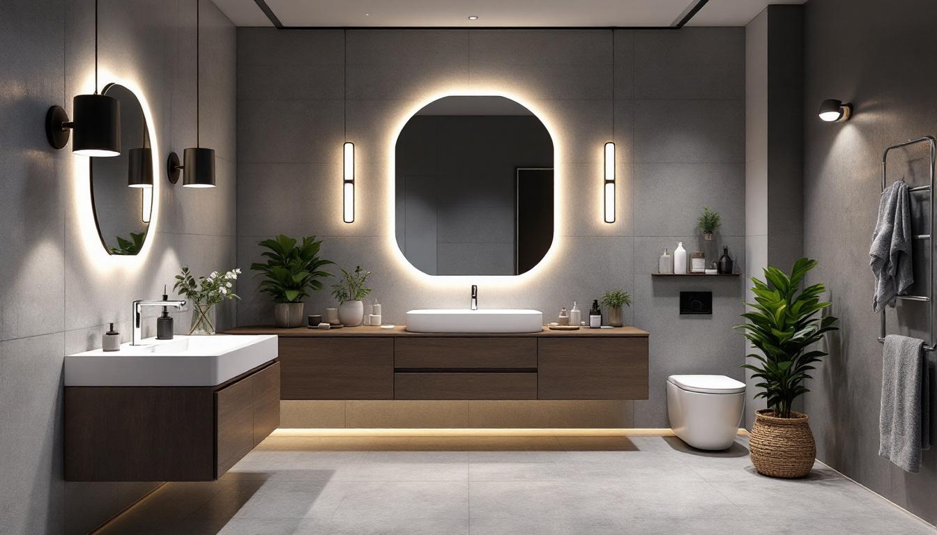 A photograph of a stylish and modern bathroom illuminated by various types of energy-efficient lighting fixtures