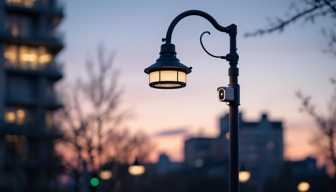 A photograph of a lamppost equipped with a light sensor in an urban setting