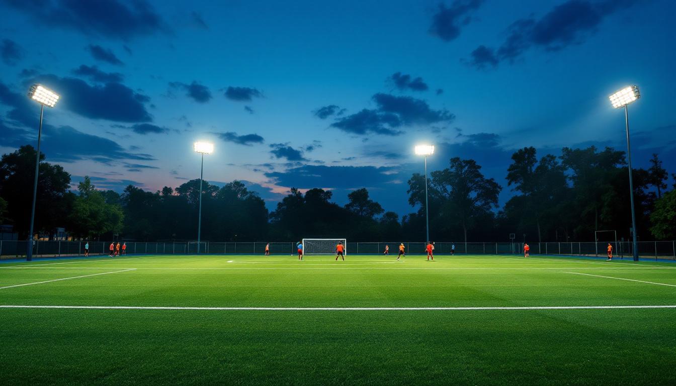A photograph of a well-lit sports field at dusk