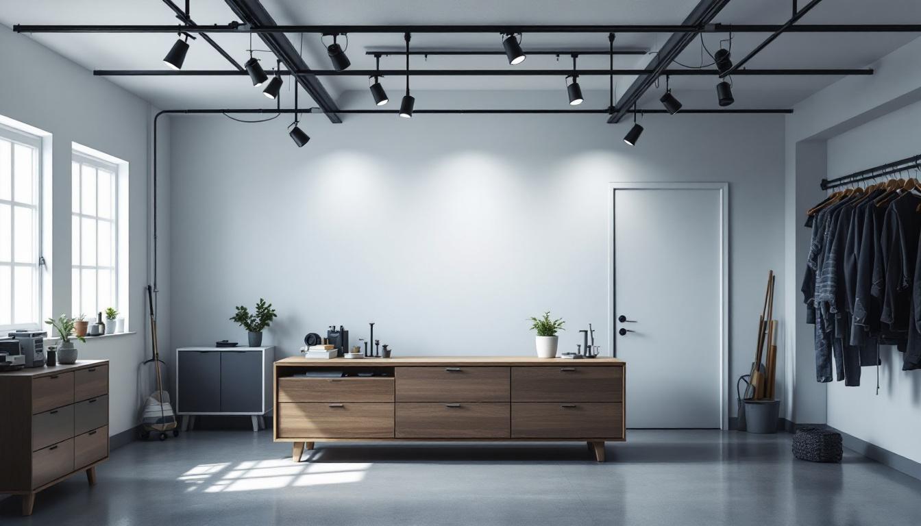 A photograph of a well-lit garage showcasing various track lighting setups
