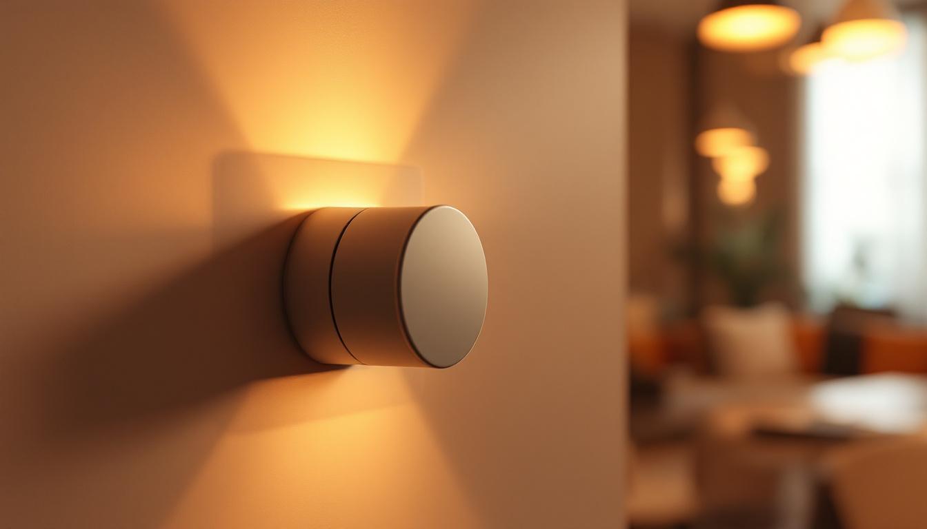 A photograph of a stylish dimmer switch installed on a wall next to a beautifully illuminated recessed lighting setup