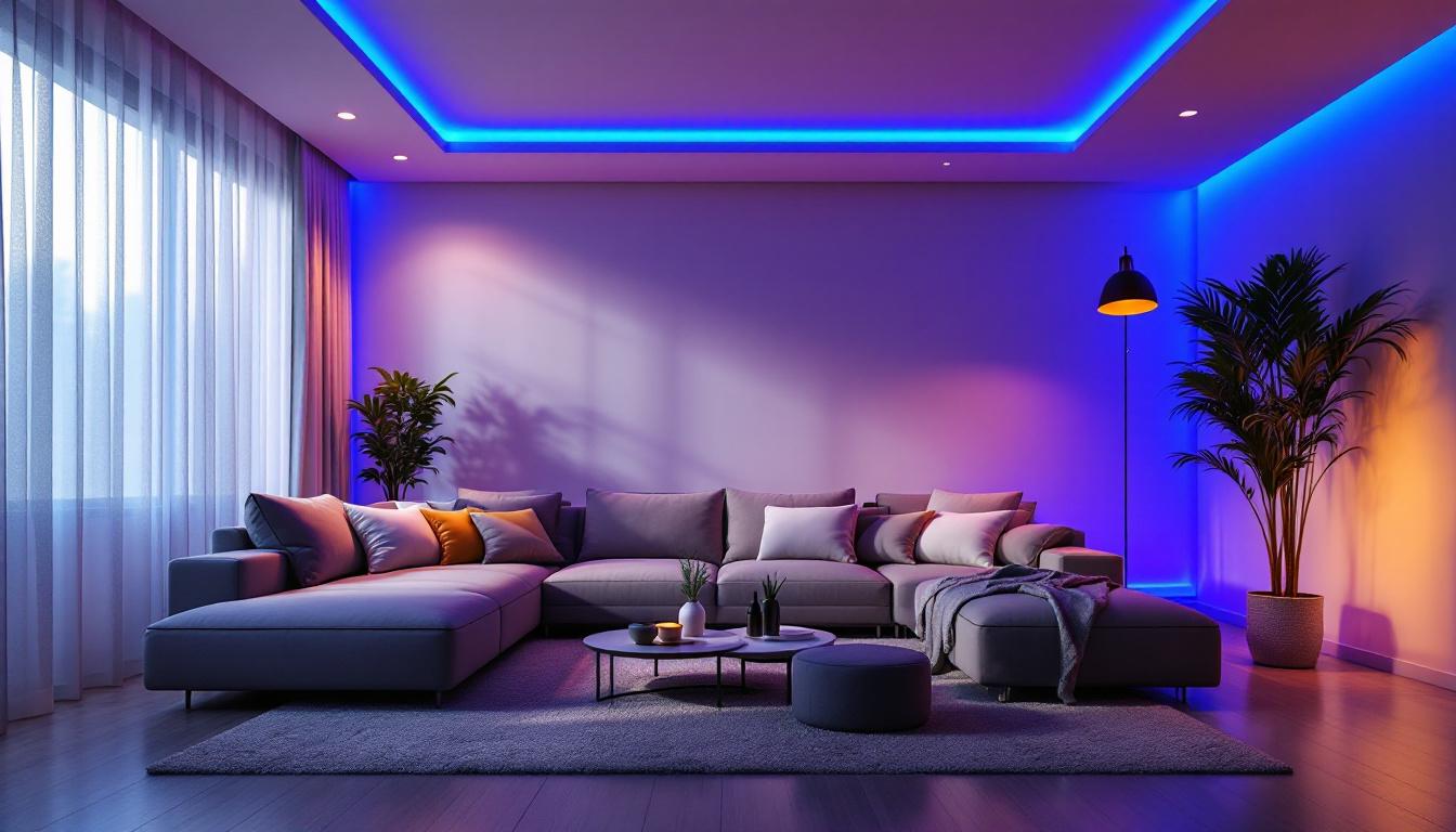 A photograph of a modern living space illuminated with stylish blue led lights