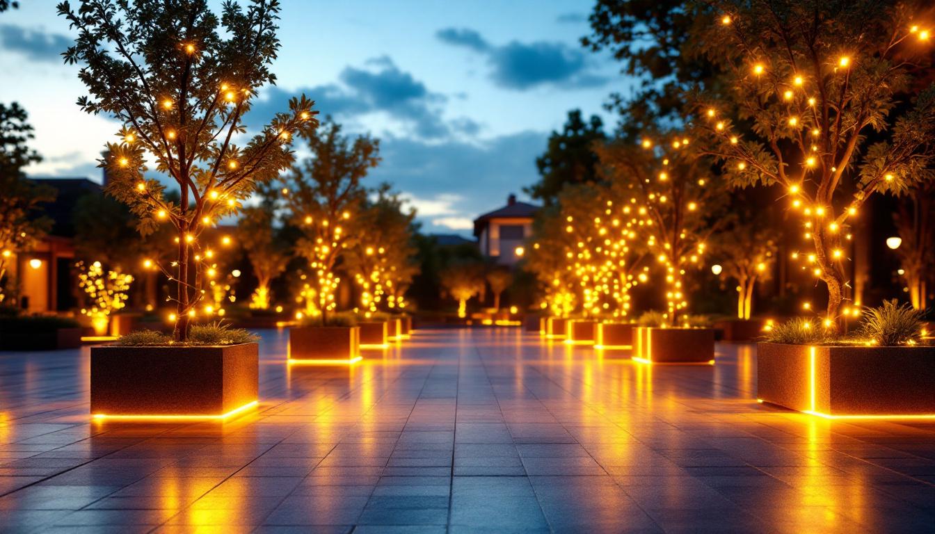 A photograph of a beautifully illuminated outdoor space featuring multiple lighting installations with visible outlets