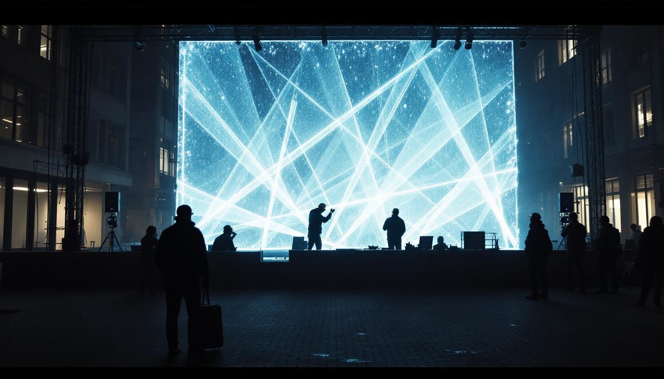 A photograph of a dynamic lighting installation in an urban setting