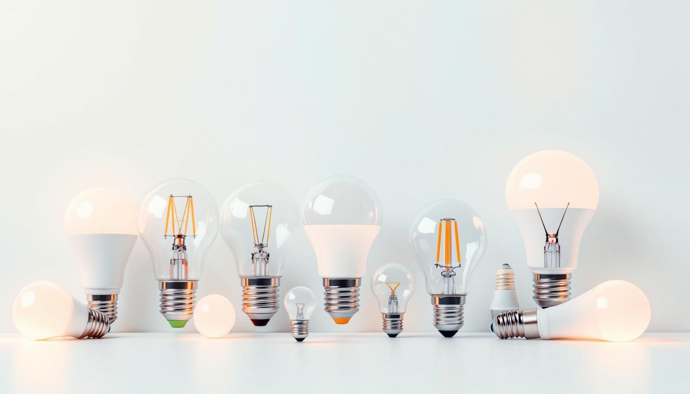 A photograph of a variety of led light bulbs in different shapes and sizes