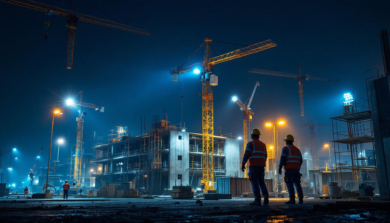 A photograph of a construction site illuminated by various types of lighting equipment