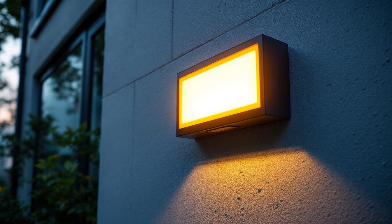 A photograph of a well-lit exterior wall pack installed on a building