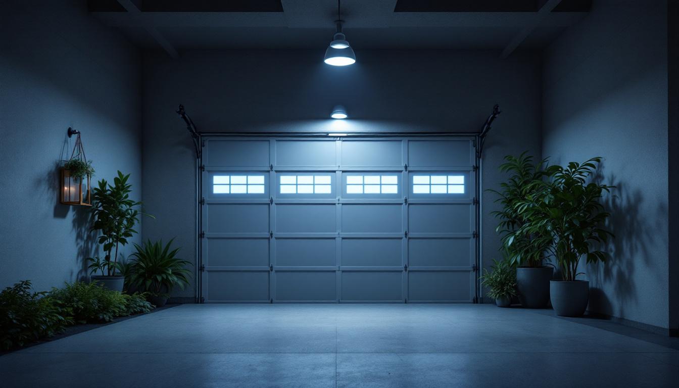 A photograph of a well-lit garage featuring a motion sensor light in action