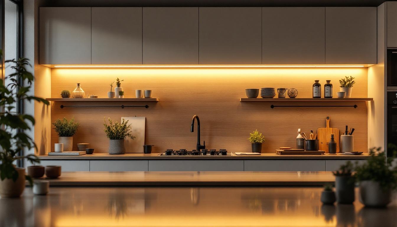 A photograph of a well-designed kitchen or workspace featuring overhead cabinet lighting