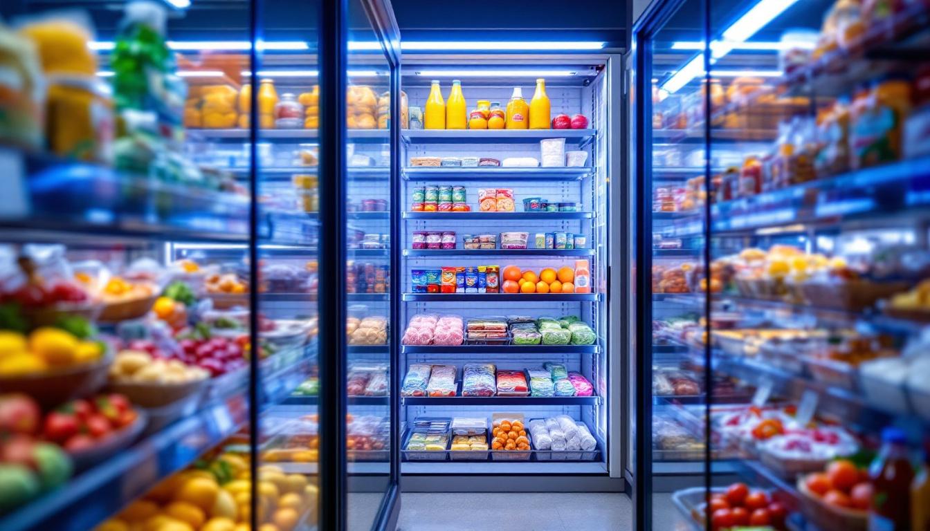 A photograph of a well-lit freezer interior showcasing various food items