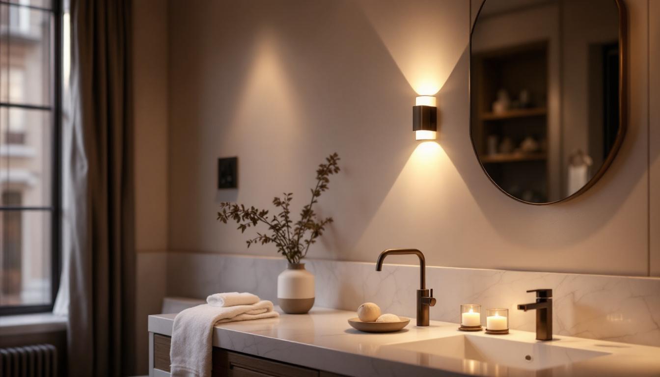 A photograph of a beautifully designed vanity wall light installed in an elegant bathroom setting