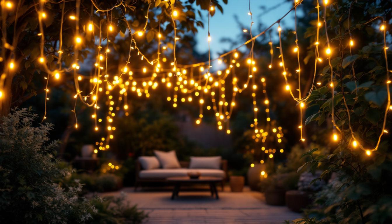 A photograph of a beautifully illuminated outdoor setting featuring solar-powered led string lights draped elegantly over a patio or garden space