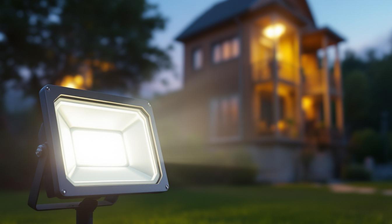 A photograph of a high lumen flood light illuminating an outdoor space