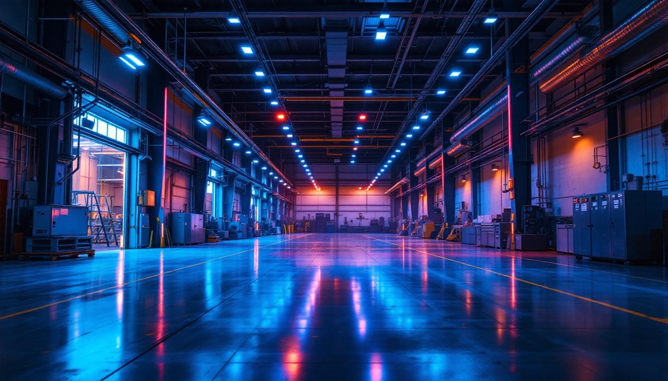 A photograph of a large-scale industrial setting illuminated by vibrant led strip lights
