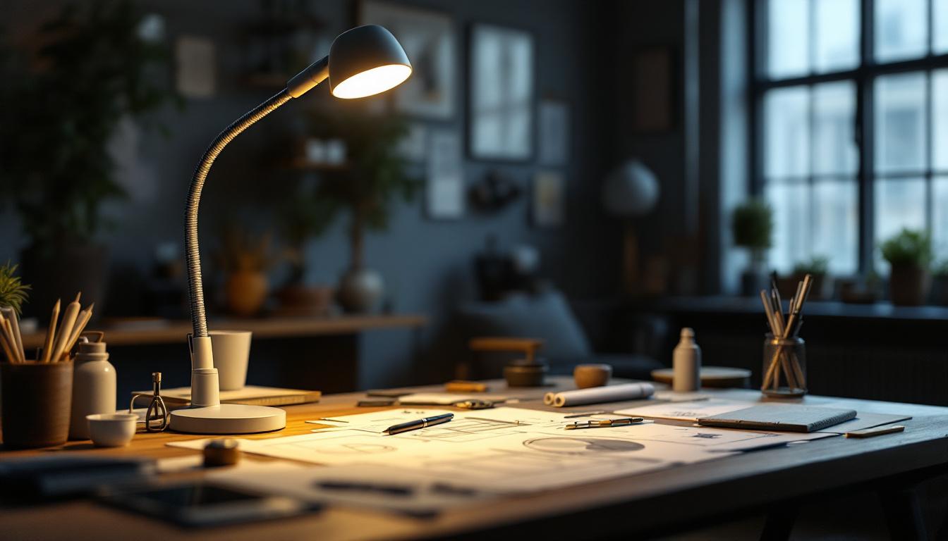 A photograph of a gooseneck arm lamp in a modern engineering workspace