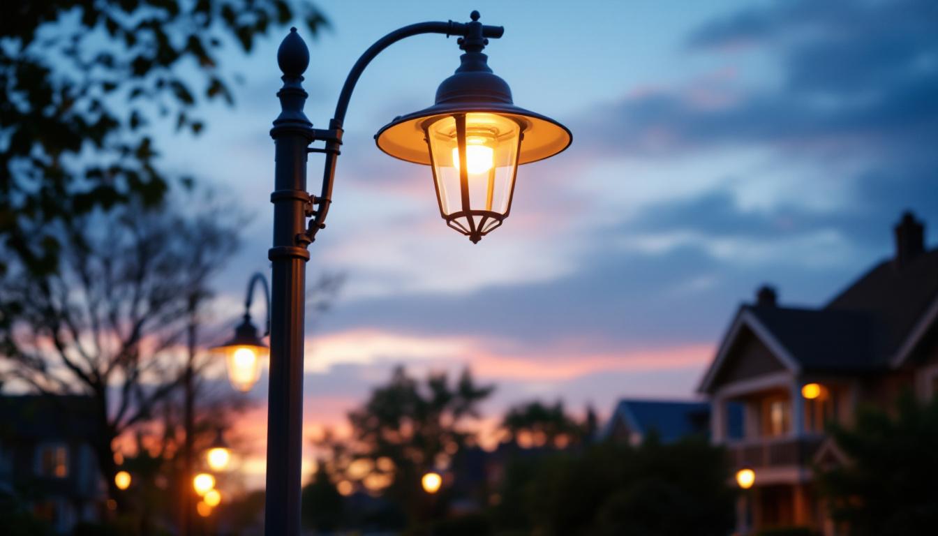 A photograph of capture a photograph of a well-maintained residential street light pole at dusk