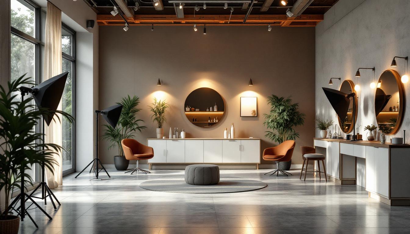A photograph of a beautifully designed salon interior showcasing various lighting setups