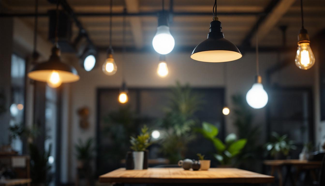 A photograph of a well-lit indoor space showcasing various lighting fixtures
