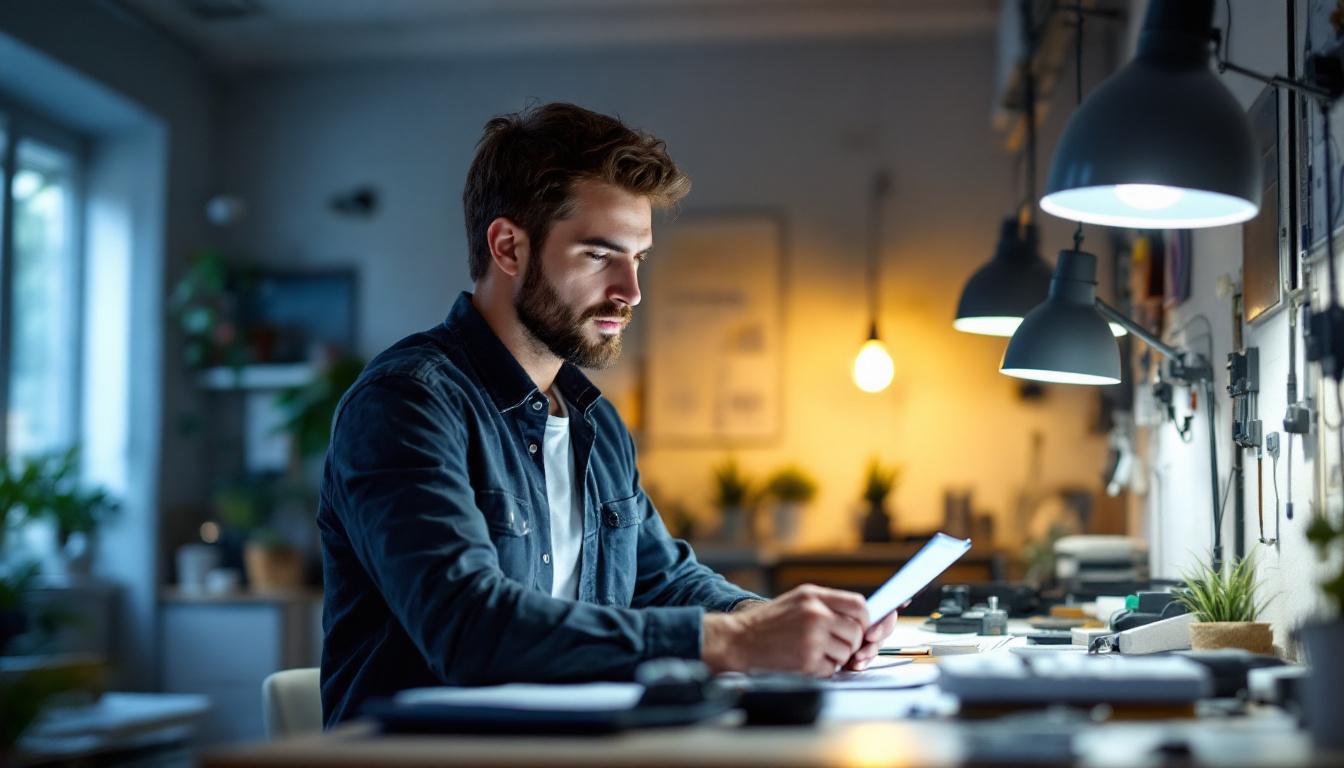 A photograph of a well-lit workspace featuring an electrical engineer analyzing fluorescent light fixtures and led replacements