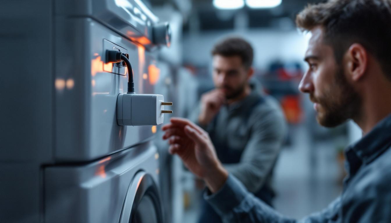 A photograph of a stackable washer and dryer unit prominently displaying its innovative electrical plug