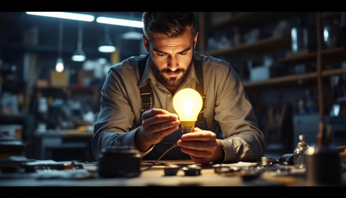 A photograph of a skilled electrical engineer examining a 2 ft led bulb in a well-lit workshop