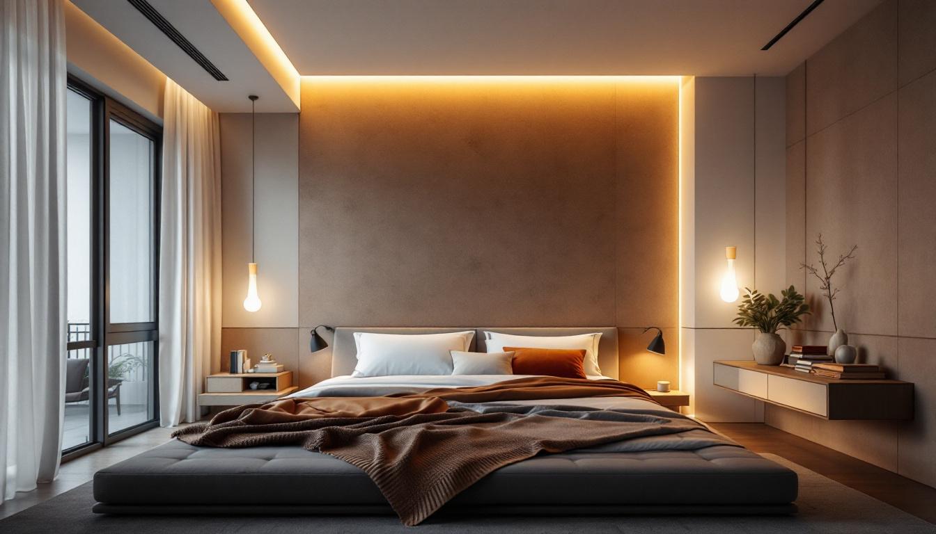 A photograph of a beautifully designed bedroom featuring a suspended ceiling with integrated lighting