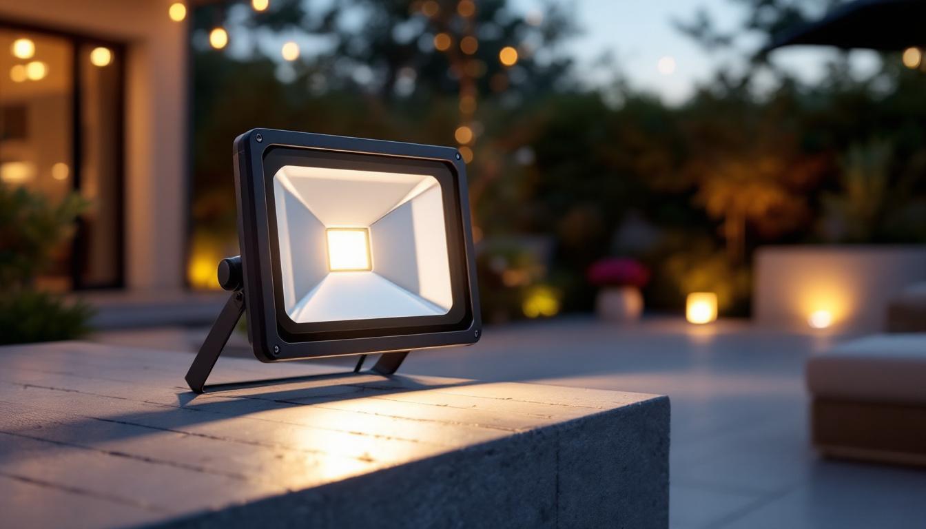A photograph of a dimmable led floodlight in a modern outdoor setting