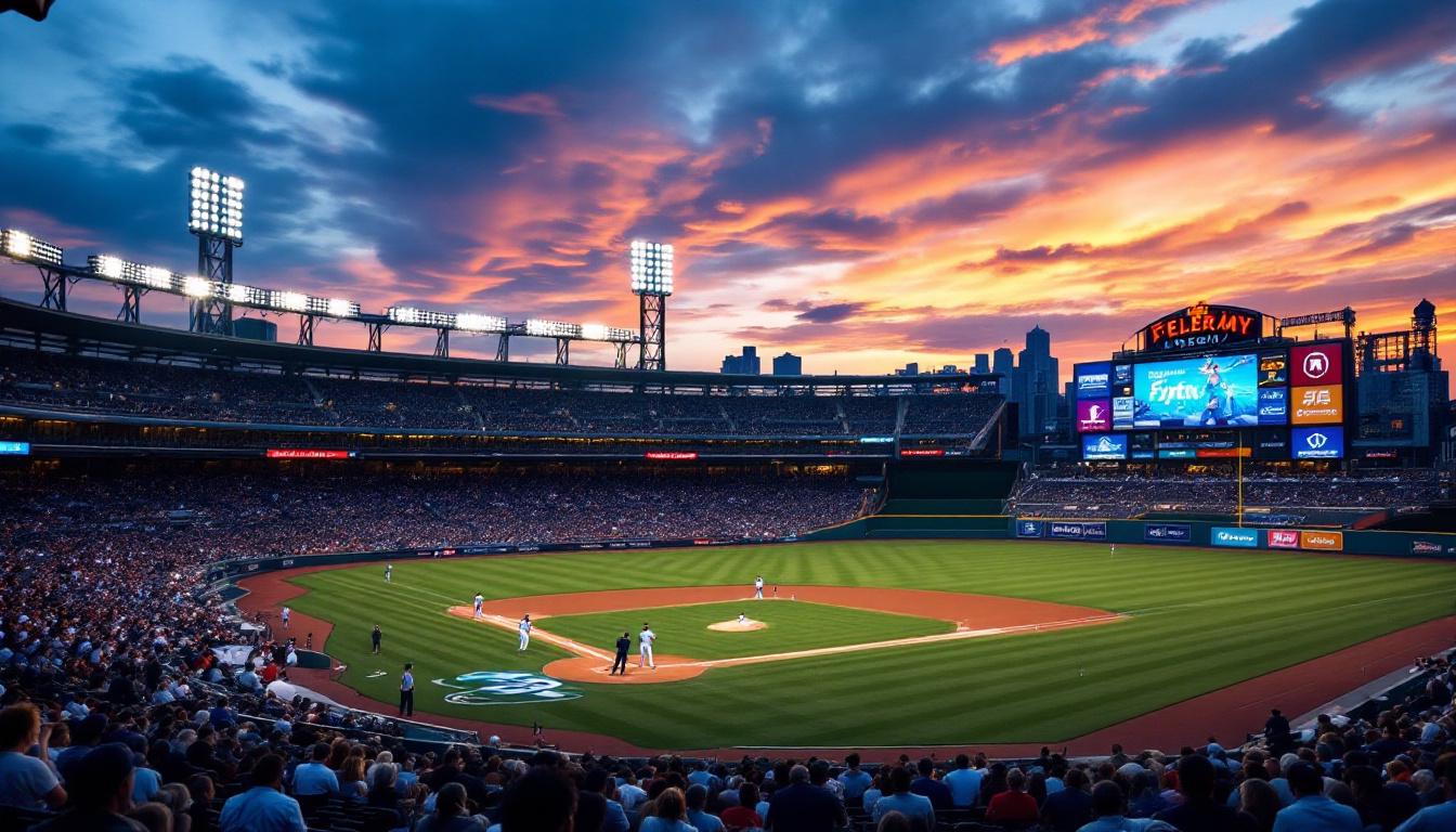 A photograph of a vibrant baseball stadium at dusk